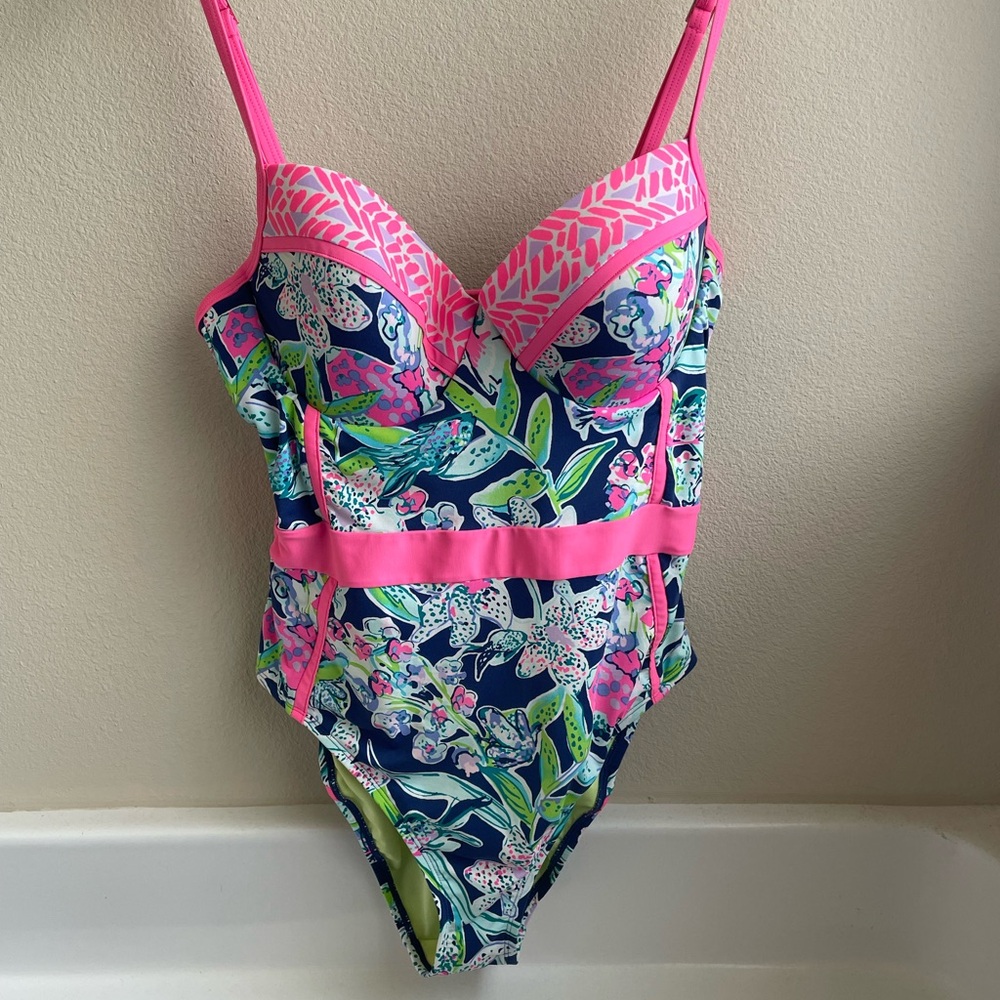 Lilly Pulitzer Palma One Piece Swimsuit in Sway This Way Deep Sea size 12